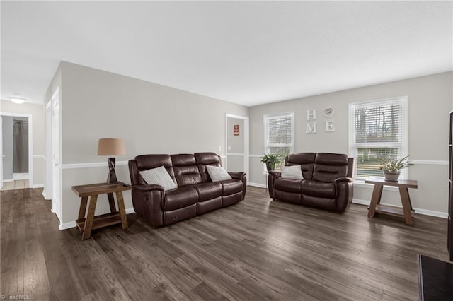 living room with dark hardwood / wood-style flooring