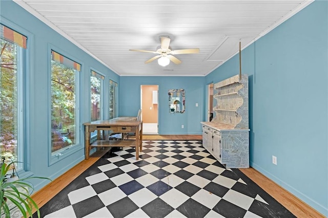 1134 Edwards Farm Rd, King, NC 27021 - dining space featuring baseboards, a ceiling fan, light wood finished floors, and ornamental molding
