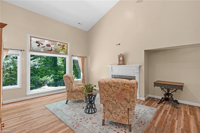 1134 Edwards Farm Rd, King, NC 27021 - living area with light wood-style floors, high vaulted ceiling, a tiled fireplace, and baseboards