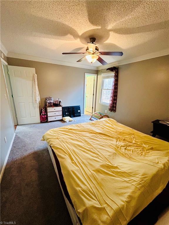 bedroom featuring ceiling fan, a textured ceiling, carpet floors, and ornamental molding