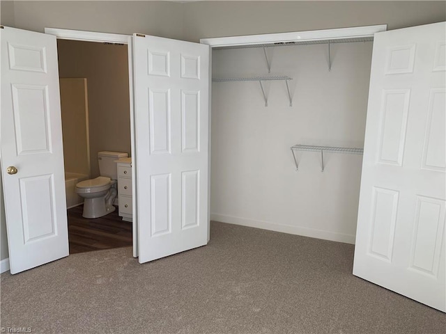 interior space with a closet, baseboards, and carpet