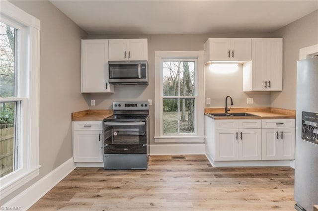 kitchen with sink, white cabinetry, stainless steel appliances, wood counters, and light wood-type flooring