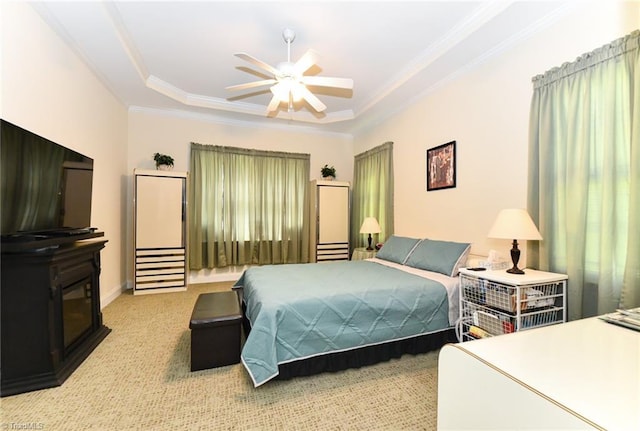 226 Marshview Cir, Angier, NC 27501 - carpeted bedroom with ceiling fan, a tray ceiling, and ornamental molding