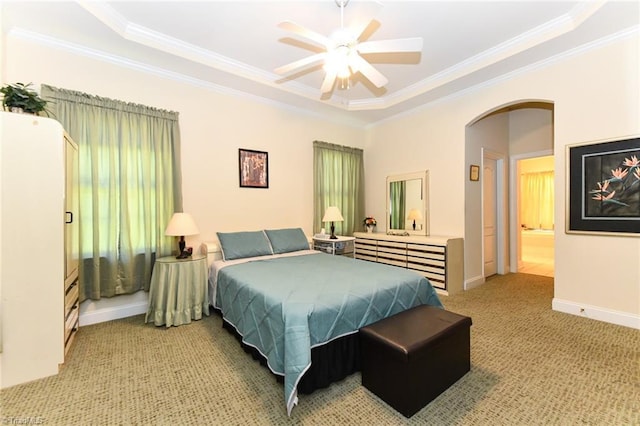 226 Marshview Cir, Angier, NC 27501 - bedroom with arched walkways, a raised ceiling, light carpet, and ornamental molding