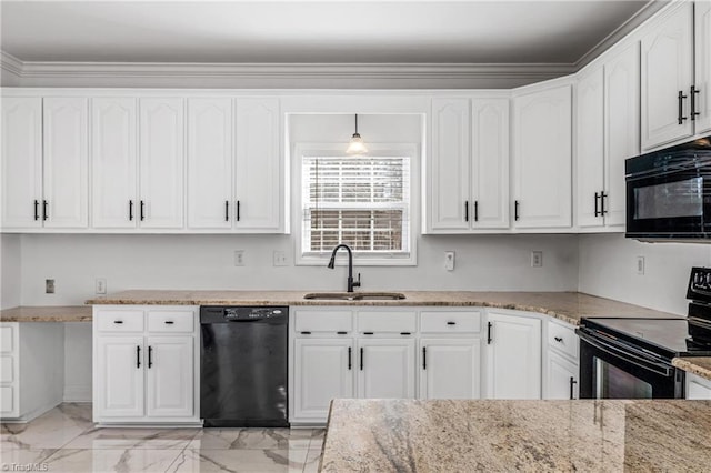 kitchen featuring sink, white cabinets, light stone counters, and black appliances