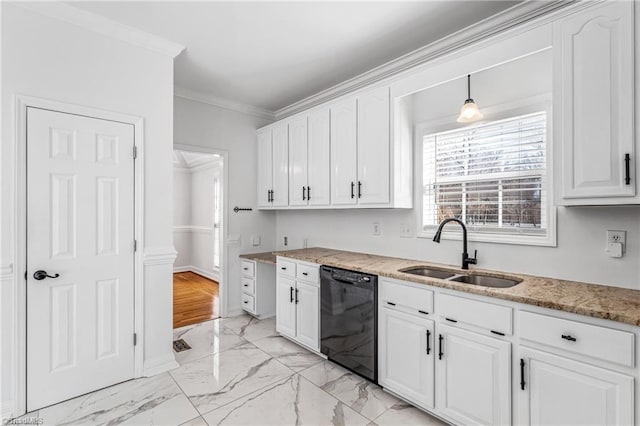 kitchen with white cabinetry, dishwasher, sink, hanging light fixtures, and ornamental molding