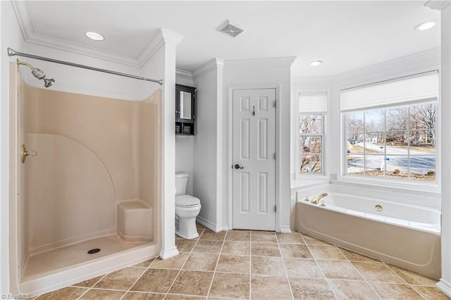 bathroom with crown molding, tile patterned floors, toilet, and shower with separate bathtub