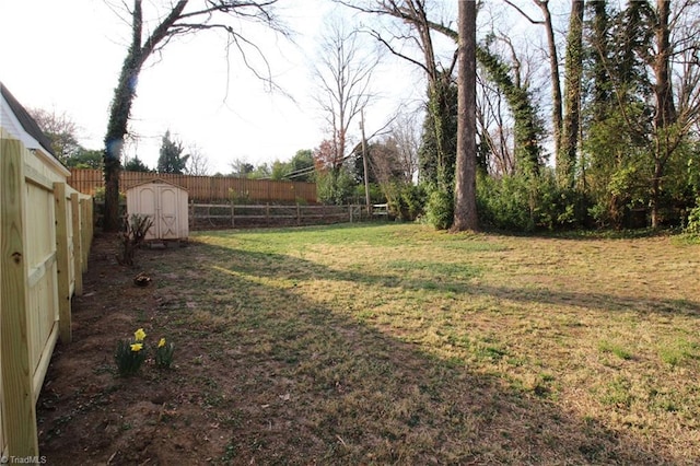 view of yard with an outbuilding, a storage unit, and a fenced backyard