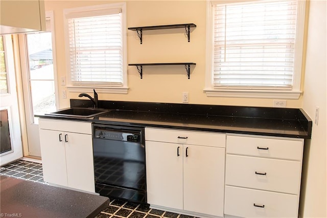 kitchen featuring dark countertops, open shelves, dishwasher, white cabinets, and a sink