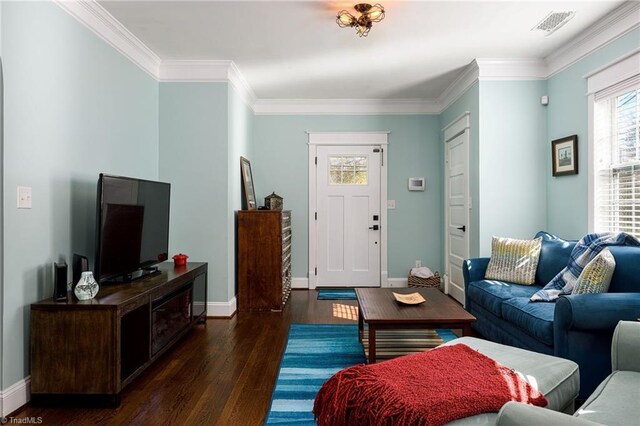 26 Vintage Ave, Winston-Salem, NC 27127 - living room featuring crown molding, dark wood-style flooring, and baseboards