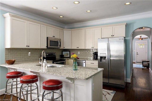 26 Vintage Ave, Winston-Salem, NC 27127 - kitchen featuring stainless steel appliances, a peninsula, a sink, and ornamental molding