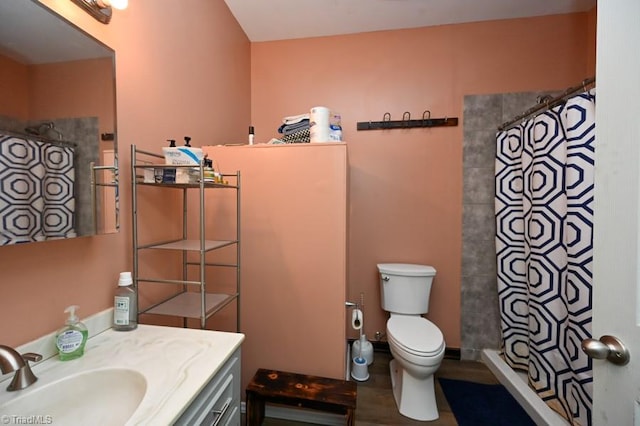 full bathroom with a shower with curtain, vanity, and toilet