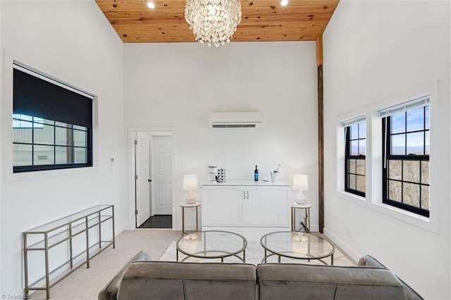 carpeted living room with an AC wall unit, a towering ceiling, and wood ceiling