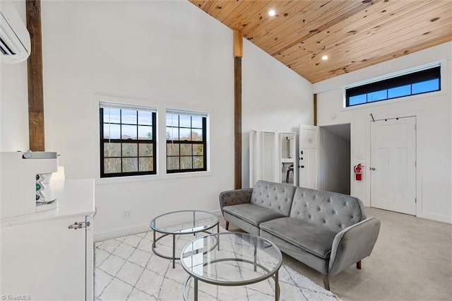 living room with a wall mounted air conditioner, light colored carpet, wooden ceiling, and high vaulted ceiling