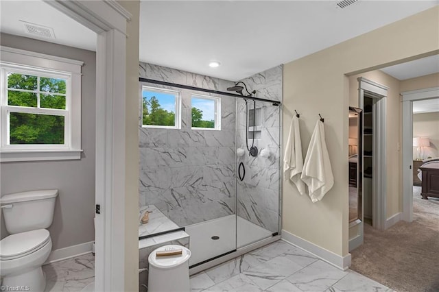 7733 Michaelis St, Greensboro, NC 27455 - full bath featuring marble finish flooring, baseboards, a marble finish shower, toilet, and ensuite bath
