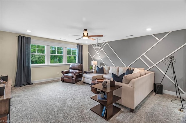 7733 Michaelis St, Greensboro, NC 27455 - living room featuring a ceiling fan, carpet flooring, baseboards, and recessed lighting