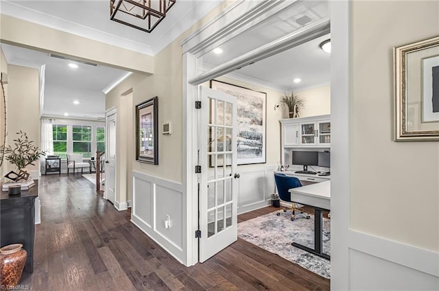 7733 Michaelis St, Greensboro, NC 27455 - office featuring ornamental molding, dark wood-style floors, recessed lighting, and baseboards