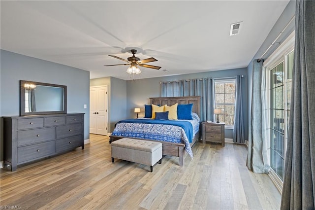 bedroom featuring ceiling fan, light wood-type flooring, visible vents, and baseboards