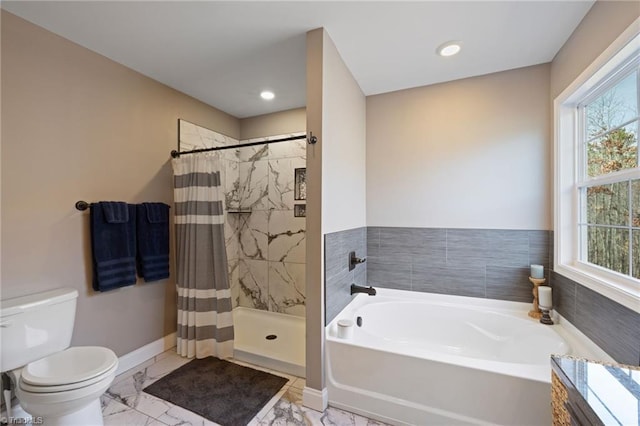 full bathroom with toilet, baseboards, marble finish floor, a tile shower, and a bath