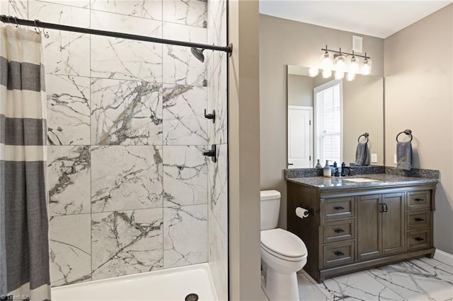 full bathroom featuring toilet, marble finish floor, a shower stall, and vanity