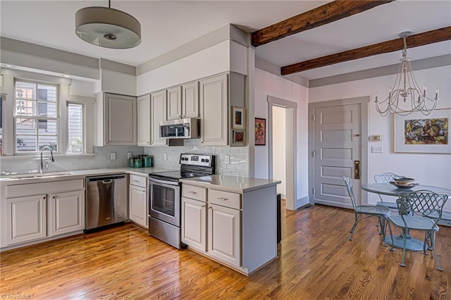 kitchen with appliances with stainless steel finishes, beamed ceiling, sink, backsplash, and hanging light fixtures