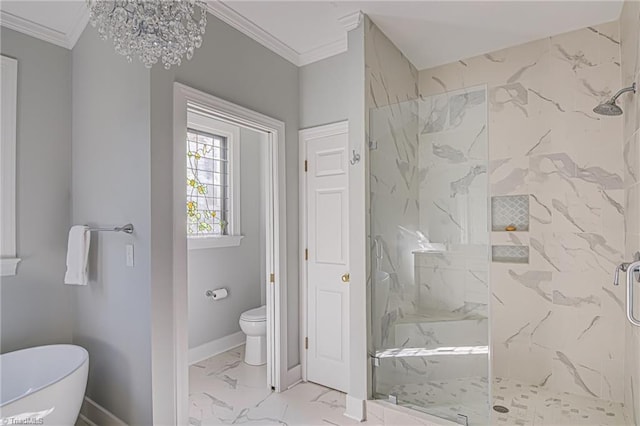 bathroom with toilet, crown molding, and shower with separate bathtub