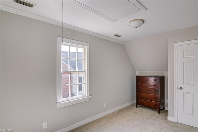 bonus room with light carpet and lofted ceiling