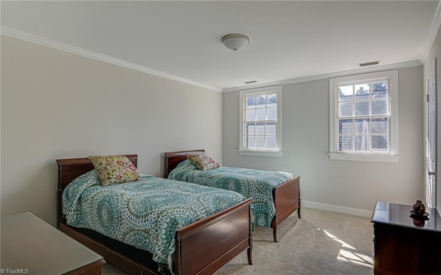 carpeted bedroom featuring ornamental molding