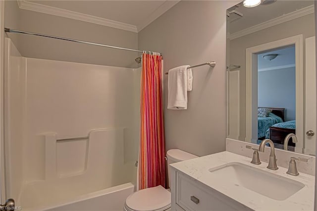 full bathroom with toilet, vanity, ornamental molding, and shower / bath combo