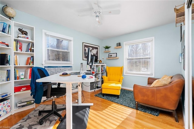 office space featuring ceiling fan, plenty of natural light, and wood-type flooring