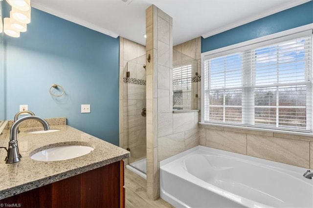 bathroom with wood-type flooring, ornamental molding, independent shower and bath, and vanity