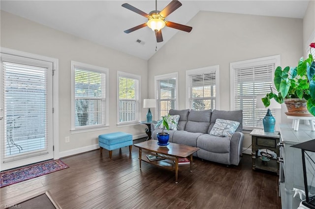 living room featuring ceiling fan, high vaulted ceiling, and dark wood-type flooring