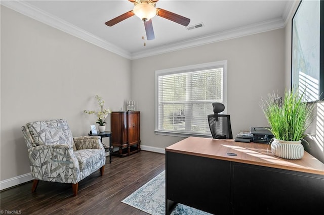 office space featuring ceiling fan, dark hardwood / wood-style floors, and ornamental molding