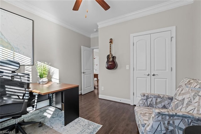 office with dark hardwood / wood-style flooring, ceiling fan, and crown molding