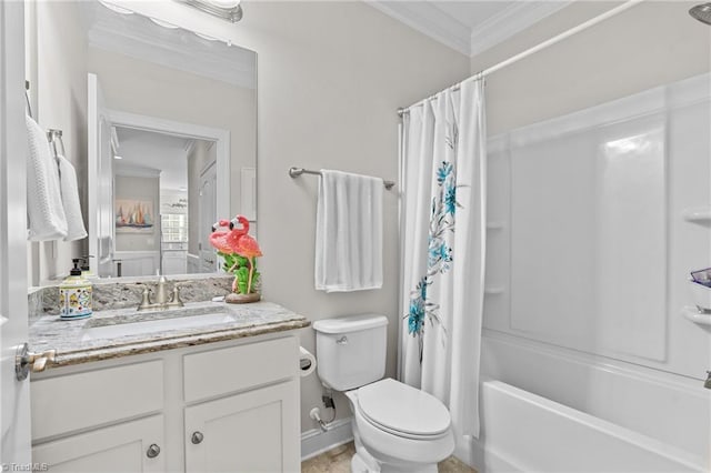 full bathroom with vanity, shower / bath combination with curtain, toilet, and ornamental molding