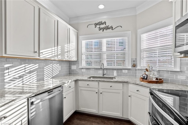 kitchen featuring backsplash, white cabinetry, sink, and stainless steel appliances