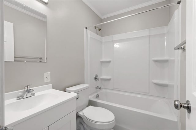 full bathroom with vanity, toilet, ornamental molding, and washtub / shower combination