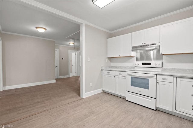 kitchen featuring white cabinets, white electric stove, crown molding, and light wood-type flooring