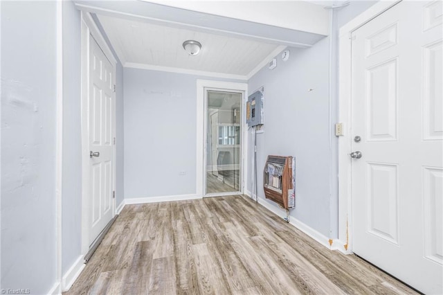1414 E 3rd St, Winston-Salem, NC 27101 - interior space featuring heating unit, wood finished floors, ornamental molding, and wood ceiling