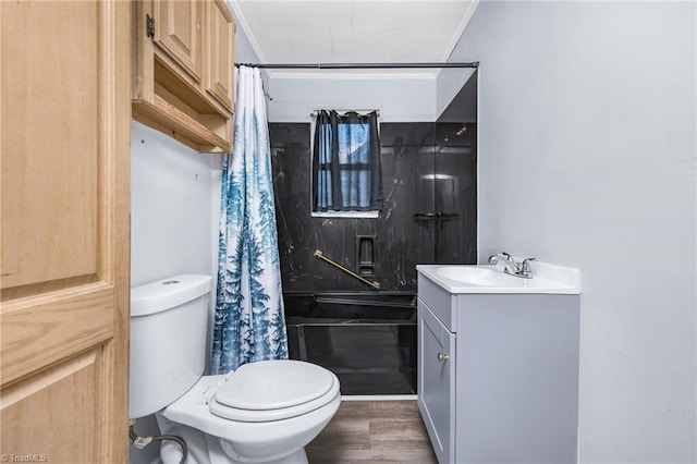 1414 E 3rd St, Winston-Salem, NC 27101 - full bathroom featuring vanity, a shower with shower curtain, and wood finished floors