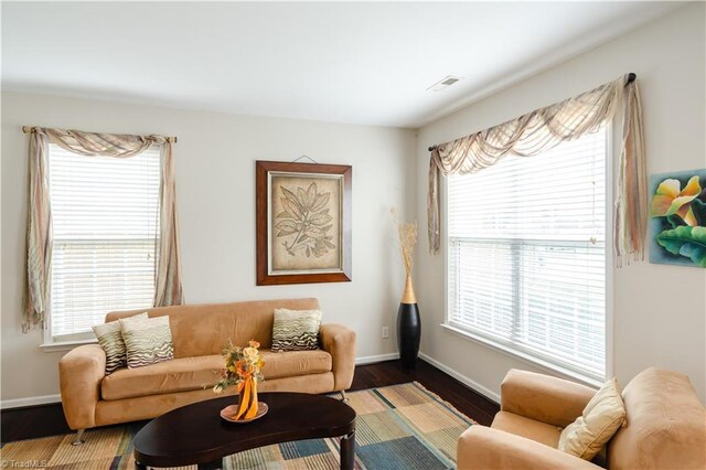 living room featuring dark hardwood / wood-style floors and a healthy amount of sunlight