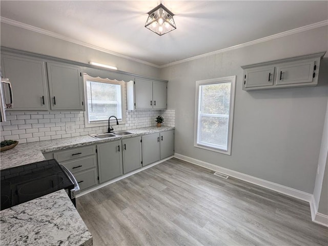 kitchen with crown molding, a sink, and gray cabinetry