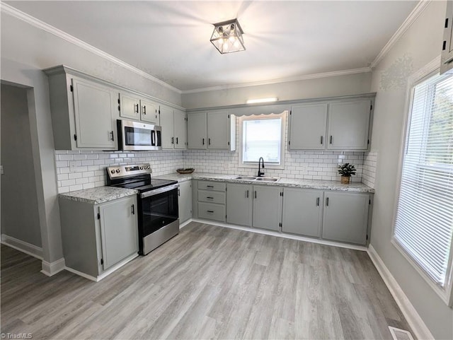 kitchen featuring crown molding, stainless steel appliances, tasteful backsplash, light wood-style floors, and a sink