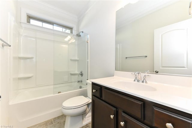 full bathroom featuring toilet, shower / bathing tub combination, tile patterned floors, ornamental molding, and vanity