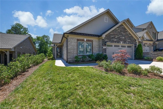 craftsman-style home featuring a front yard and a garage