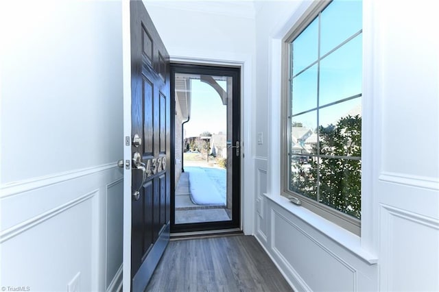 entryway with dark wood-type flooring