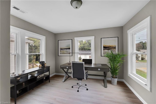 office space with a wealth of natural light and light hardwood / wood-style flooring