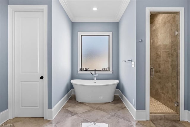 bathroom featuring separate shower and tub and crown molding