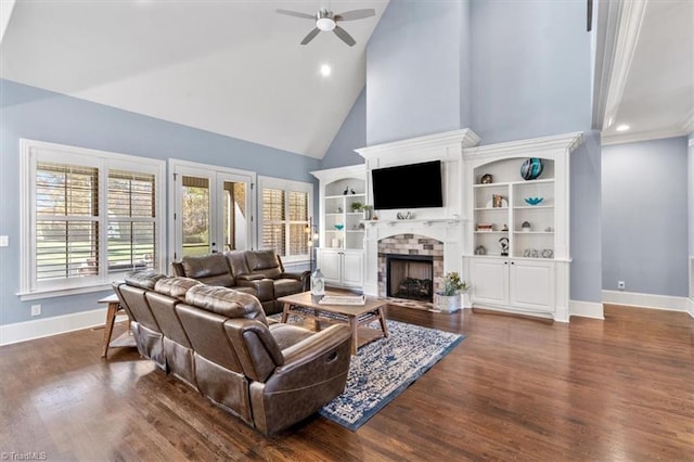 living room featuring high vaulted ceiling, ceiling fan, dark wood-type flooring, and crown molding