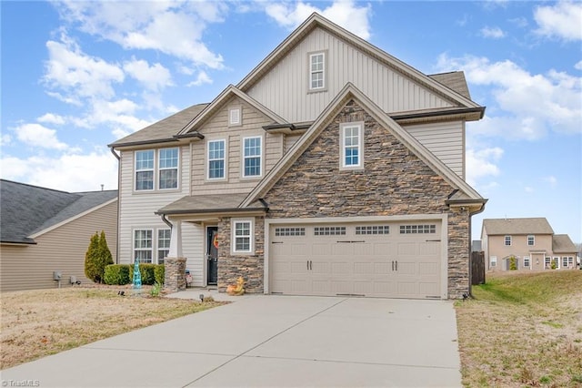 craftsman inspired home with stone siding, board and batten siding, concrete driveway, and an attached garage